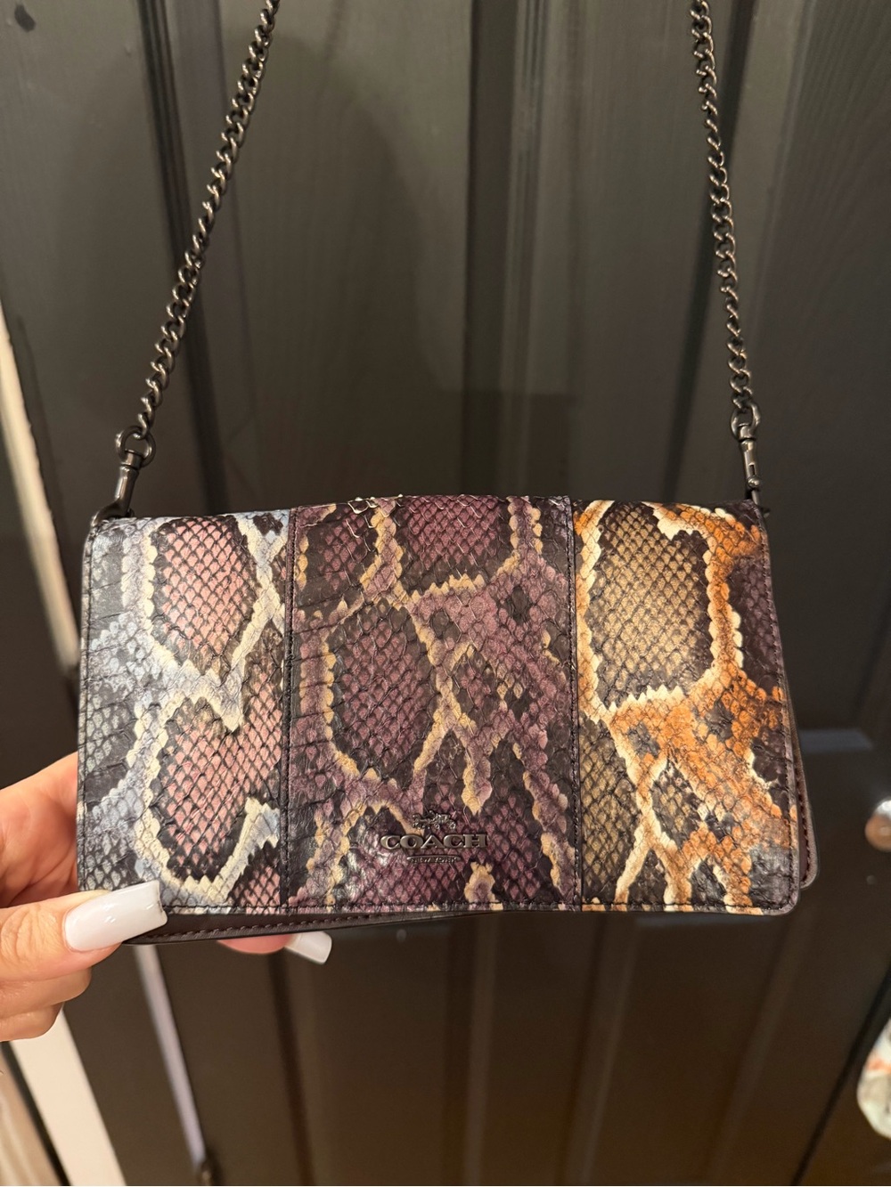 Coach Multicolor Snakeskin-Print Leather Crossbody — Purple, Tan, Cream